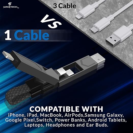 Magnetic 4 in 1 Multi Charging Cable with LED Display, Portable Keychain Charger, Lightning/Type C/USB A/USB C Ports for iPhone iPad Mac AirPods Samsung Google, (65W) Black MFI Certified