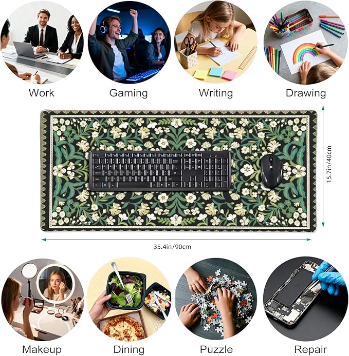 Floral Dark Green XXL Desk Pad - Extra Large Anti-Slip Mouse Pad with Stitched Edges for Computer, Keyboard & Office | Aesthetic Desk Mat for Women, Home Office Decor & Supplies