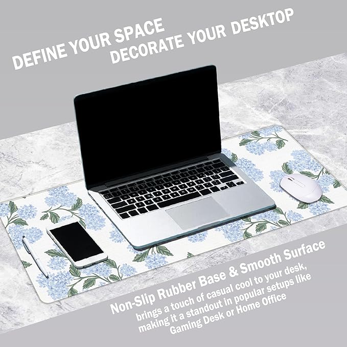 UTELKA Blue Hydrangea Desk Mat, Flroal Desk Matt for Desktop, Blue and White Extra Large Desks Mat Summer Spring Desks Decor Aesthetic Hydrangea Gifts Office Accessories for Women 23.6x11.8