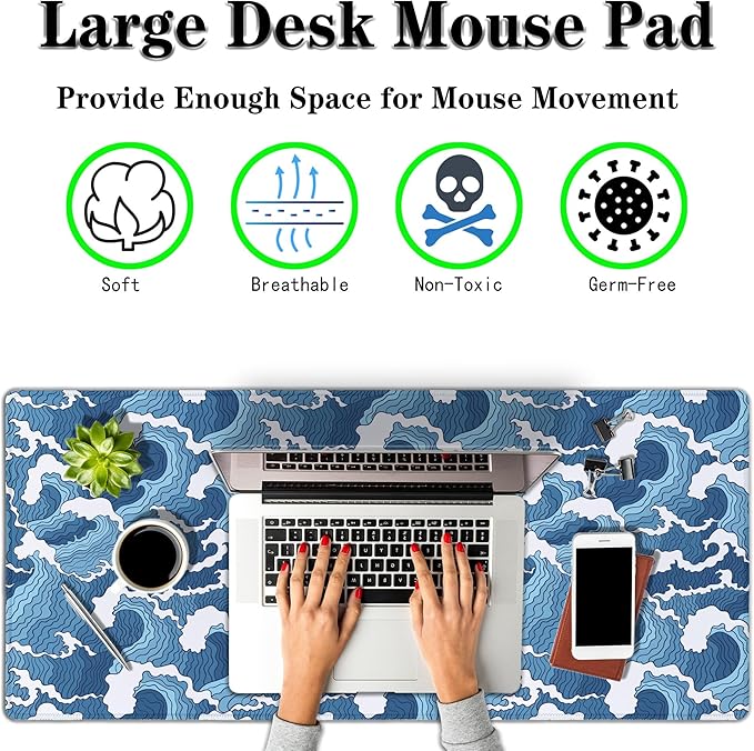 Large Desk Pads Blue and White Desktop Pad, Pc Mouse Pad Keyboard Mat, Desk Pad Gaming Waterproof Non-Slip Rubber Base, 35.4 X 15.7 inch for Work/Game/Office/Home Japanese Abstract Waves