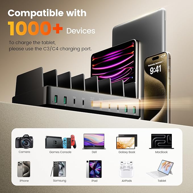 400W Charging Station for Multiple Devices,Dual PD 100W Multi USB C Charging Station with 8 Cable,10 Port Charger Station for MacBook iPhone iPad Laptop Cell Phone Android Tablet-Black