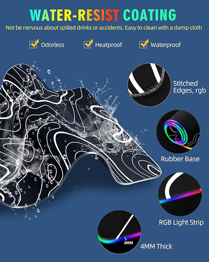 Wireless Charging Mouse Pad, RGB Gaming Mousepad, 31.5"x15.7" Extra Large Desk Pad, 13 Light Modes, Non-Slip Base, Waterproof Computer Keyboard Mat for MacBook, PC, Laptop, Black Topographic Line