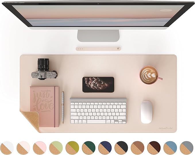 RENMTURE Dual-Sided Mouse Pad, Natural Cork & PU Leather Large Desk Pad for Office and Home Work, Desk Protector Non-Slip, Waterproof, Easy Clean (Apricot, 32"x16")
