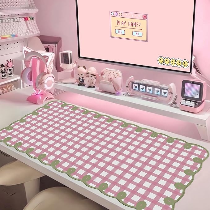 Cute Pink Green Scalloped Desk Mat Checkered Large Mouse Pad Kawaii Retro Cozy Vintage Cottagecore Aesthetic Office Desk Decor Stitched Nonslip Pad for Computer Keyboard & Mouse 31 * 15.7in