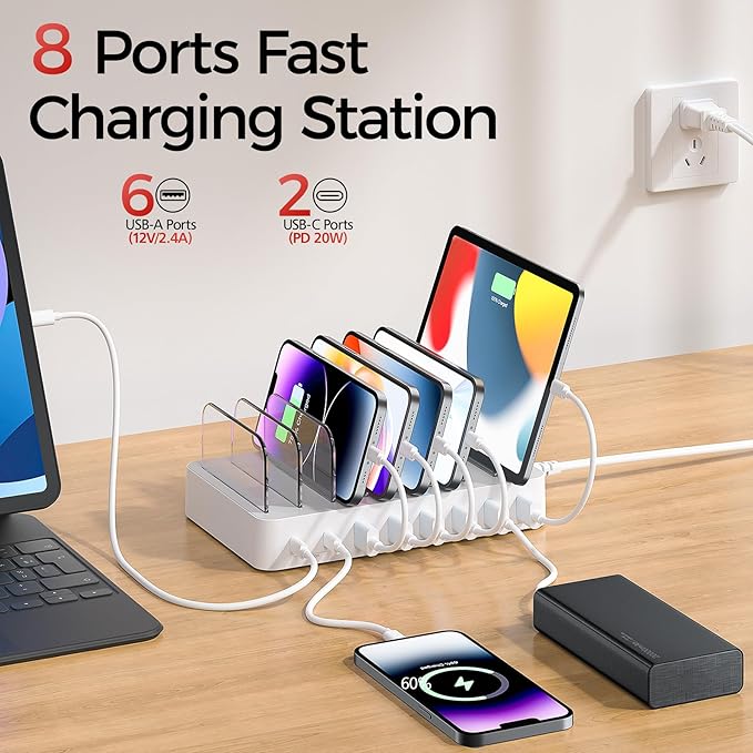 Unitek 8 Port USB C Charging Station - 2X 20W PD USB-C & 6 USB-A Ports Multi Device Charger Dock for iPad, iPhone, Samsung Tablets White Tablet Organizer & Charger