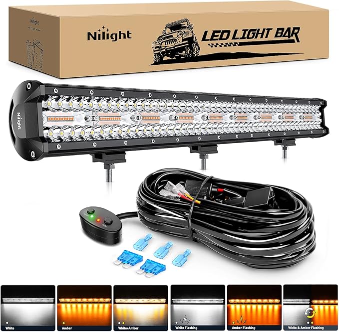 Nilight 26Inch 540W LED Light Bar Spot Flood Amber White Strobe 6 Modes with Memory Function Off-Road Truck Car ATV SUV Cabin Boat with 16AWG Wiring Harness Kit-1 Lead