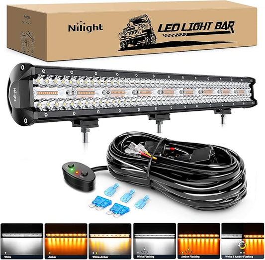 Nilight 26Inch 540W LED Light Bar Spot Flood Amber White Strobe 6 Modes with Memory Function Off-Road Truck Car ATV SUV Cabin Boat with 16AWG Wiring Harness Kit-1 Lead
