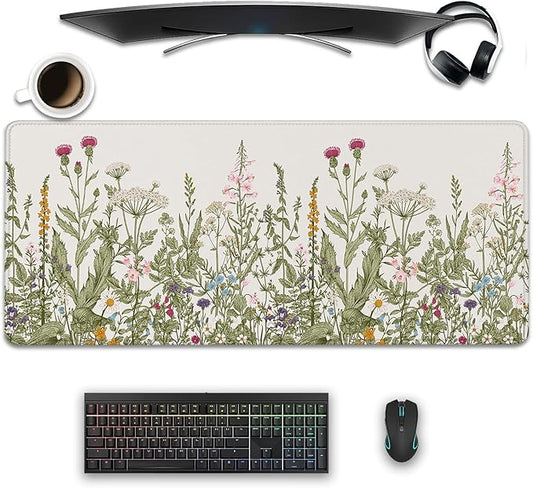 Flower Mouse Pad - Large, Abstract White, Floral Texture, Keyboard Mat, Gaming | 27.5x11.8 in