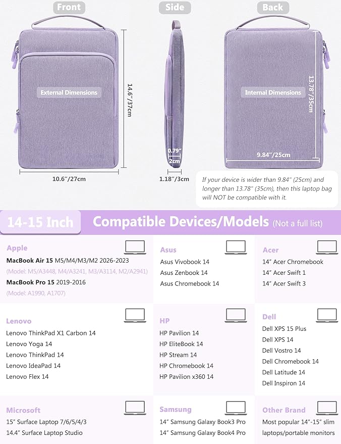 HYZUO 14-15 Inch Laptop Bag Sleeve for MacBook Air 15 M5 A3448 M4 M3 M2 2026-2023, MacBook Pro 15, XPS 14/15 Plus, 15" Surface Laptop, Notebook Case for 14" Dell HP Lenovo Asus Acer, Lilac Purple