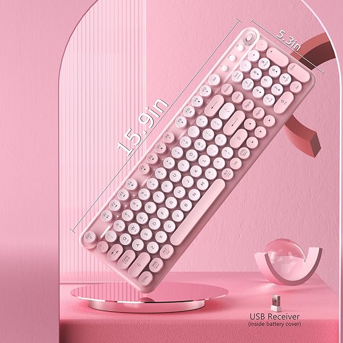 Wireless Bluetooth Keyboard - Full Size Retro Round Typewriter Style Wireless Keyboard with 2.4GHz & Bluetooth Dual-Mode Compatibility for PC, Laptop, Windows, Mac, and More (Pink)