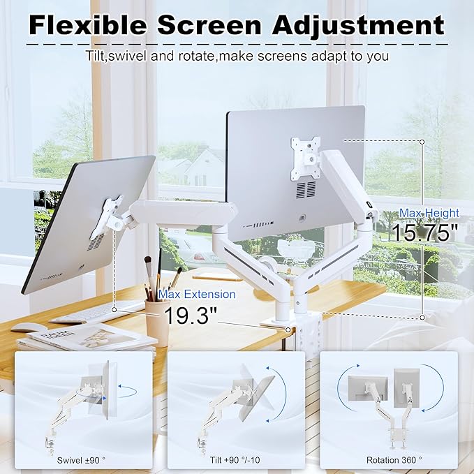 THEARK Dual Monitor Stand for Desk - Dual Monitor Mount for 17-32 Inch Screens,Height Adjustable Dual Monitor Arm Desk Mount with Clamp and Grommet Base,75x75/100x100mm VESA Mount,Max 19.8 lbs,White