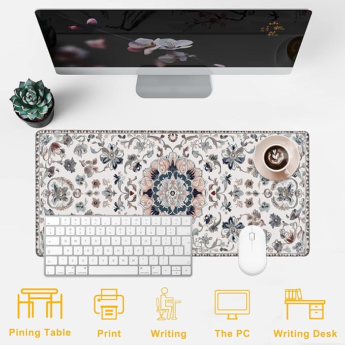 Desk Pad Gray Boho Floral Desk Mat for Keyboard and Mouse, Large XXL Gaming Mouse Pad with Stitched Edges for Work Game Office, 35.43 x 15.75 in
