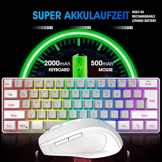 Snpurdiri 2.4G Wireless Gaming Keyboard and Mouse Combo, Include Mini 60% Mechanical Feel RGB Backlit Keyboard, Ergonomic Vertical Feel Small Wireless Mouse(White and Grey)