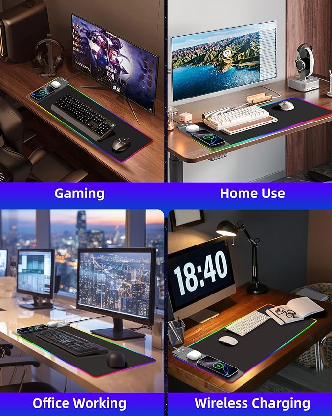 ExtreLife Wireless Charging Mouse Pad, RGB Gaming Mousepad, 31.5"x11.8" Extra Large Desk Mat, 13 Light Modes, Ultra-Smooth Surface, Non-Slip Base, Waterproof Computer Keyboard Pad for Laptop, Black