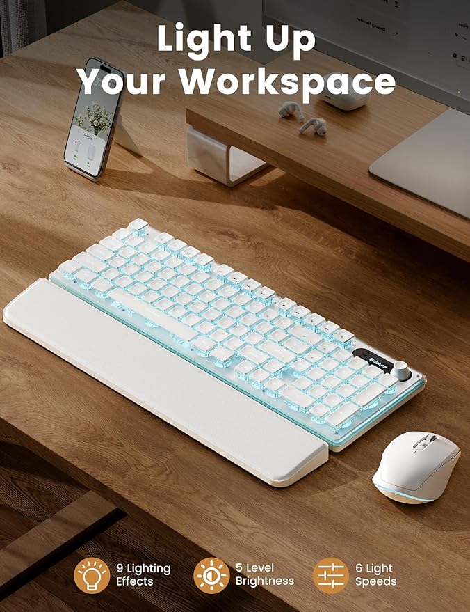 Wireless Keyboard and Mouse Combo - 9 Backlit Effects, Wrist Rest, Double-Shot Keycaps, Metal Panel, Long-Lasting Rechargeable, 2.4G Keyboard Mouse Set for Windows Mac PC Laptop – Sablute (White)