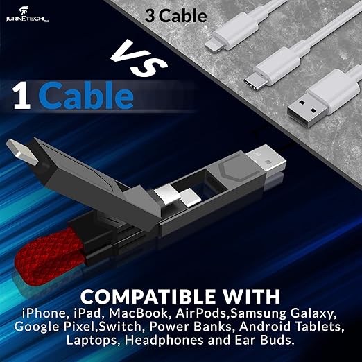 Magnetic 4 in 1 Multi Charging Cable with LED Display, Portable Keychain Charger, Lightning/Type C/USB A/USB C Ports for iPhone iPad Mac, AirPods Samsung Google, (65W) (Red) MFI Certified