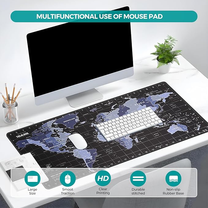 TIDALSOIL World Map Mouse Pad XXL 35.4 x 15.7 Inch – Oversized Extended Large Desk Pad with Non-Slip Base, Stitched Edges Mousepad, Smooth Surface for Keyboard, Mouse, Office, Gaming and Work