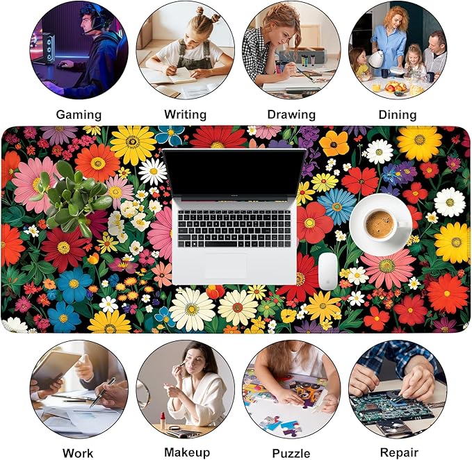 Mouse Pad, Large Anti-Slip with Stitched Edges Desk Mat Desktop Laptop Computer Desk Keyboard Mat,Table Protector Blotter Mat (Flower, 35.4" x 15.7")