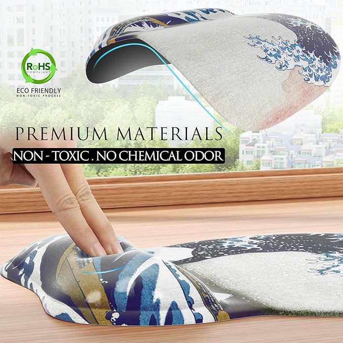 MROCO Ergonomic Mouse Pad with Gel Wrist Rest, Smooth Wrist Support Surface, Non-Slip PU Base for Pain Relief, Comfortable Mousepad for Computer, Laptop, Office & Home, 9.4 x 8.1 in, Great Wave