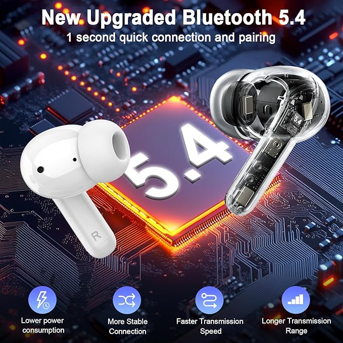 Wireless Headphones, 2026 3D-Stereo Bluetooth 5.4 Earbuds Bass Ear Bud, 4 ENC Noise Cancelling Mic, 40+Hrs USB-C Earphone in-Ear, IP-X7 Waterproof Headset Sport Workout for Laptop Pad Android iOS
