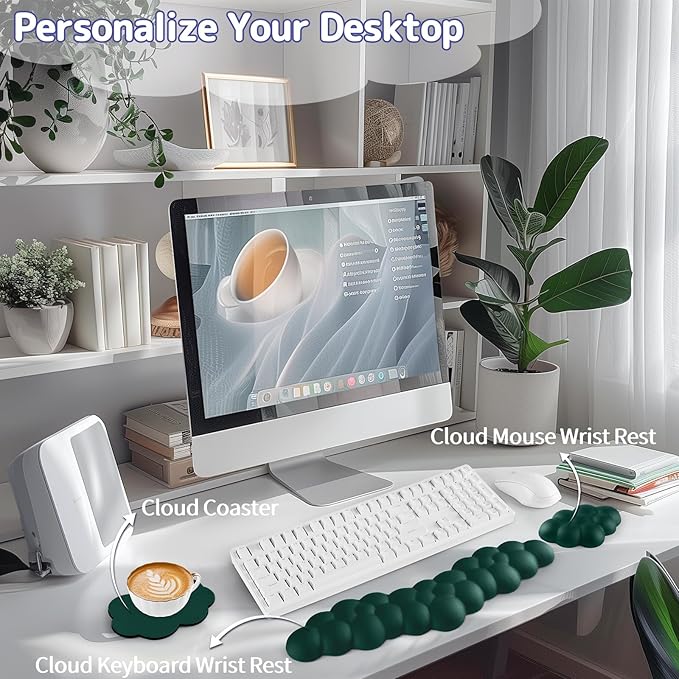 Sushret Cloud Wrist Rest for Keyboard and Mouse, Memory Foam PU Leather Keyboard Wrist Rest with Ergonomic Support, Non-Slip Base, Cute Arm Rest Pad & Palm Cushion, Office Desk Accessory, Dark Green