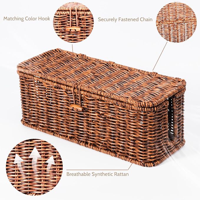 BROWNLILY Rattan Wire Storage Box, Handmade Cord Organizer for Desk Cord Hider Outlet Covers Baby Proofing for Power Strip TV PC Router Charger Under Desk Cable Management Box - Image 2