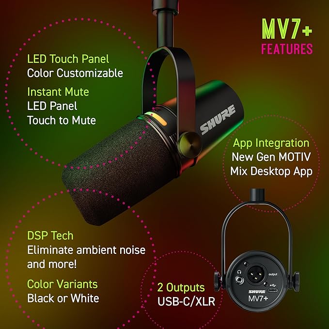 Shure MV7+ Podcast Dynamic Microphone – OBS Certified, Enhanced Audio, LED Panel, USB-C & XLR Outputs, Auto Level Mode, Digital Pop Filter, Reverb Effects – for Podcasting, Streaming, Recording, Black
