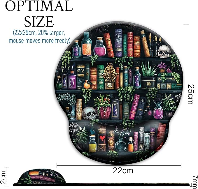 Mouse Pad with Wrist Rest, Goth Ergonomic Mouse Pads Wrist Support for Desk, Funny Skull Gothic Gaming Mousepad for Wireless Mouse Computer Work Home Desk Accessories Office Supplies Witchy Book