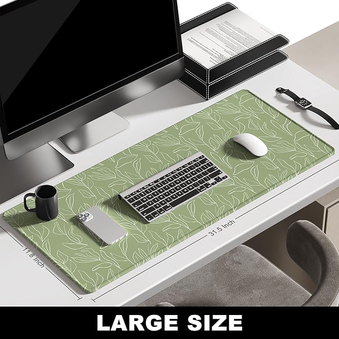 BOSOBO Large Desk Pad - XXL XL Extended Gaming Mouse Pad, Office & Home Mat, Long Keyboard Cover, Desktop Full Cover 31.5 x 11.8 Inches, Minimalist Green Leaf
