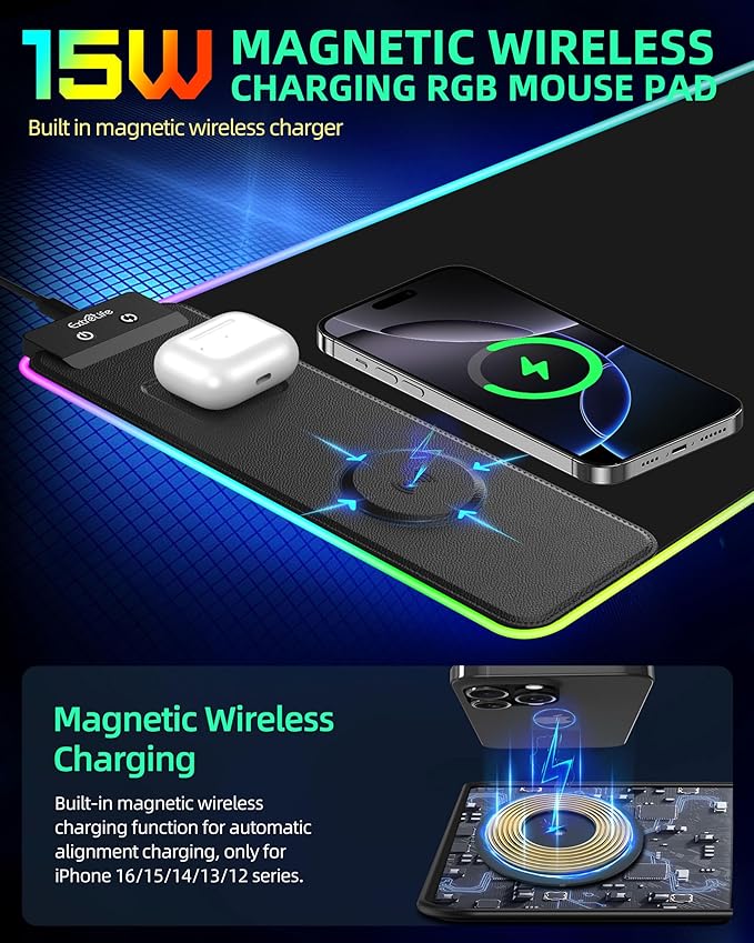 ExtreLife Wireless Charging Mouse Pad, RGB Gaming Mousepad, 31.5"x11.8" Extra Large Desk Mat, 13 Light Modes, Ultra-Smooth Surface, Non-Slip Base, Waterproof Computer Keyboard Pad for Laptop, Black