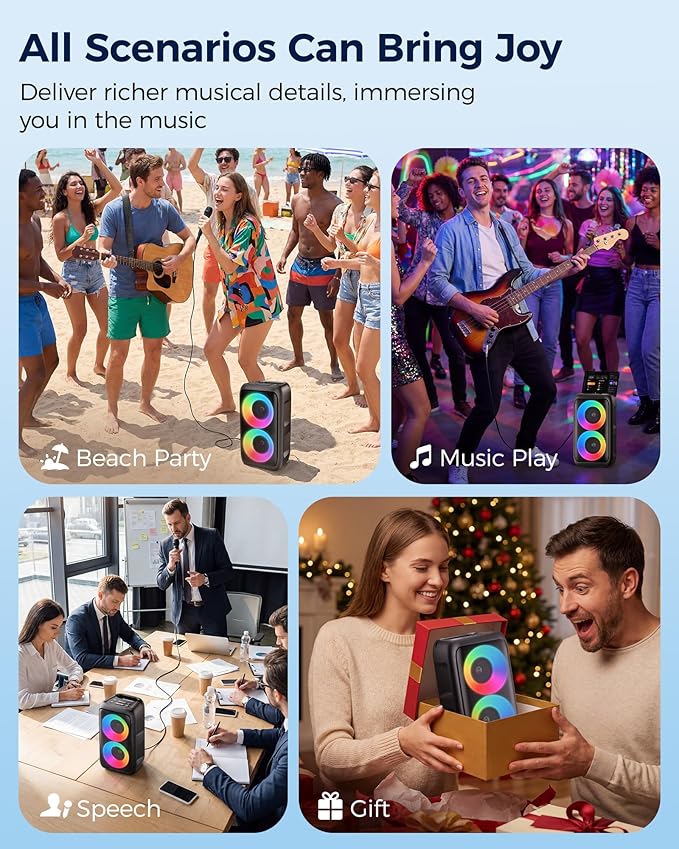 Bluetooth Speaker，Portable Party Speaker with Colorful Lights，Wireless Speaker with HD Loud,Surround Sound Systems Support TWS/AUX/USB/TF Card Ideal for Party,Home,Outdoor Camping