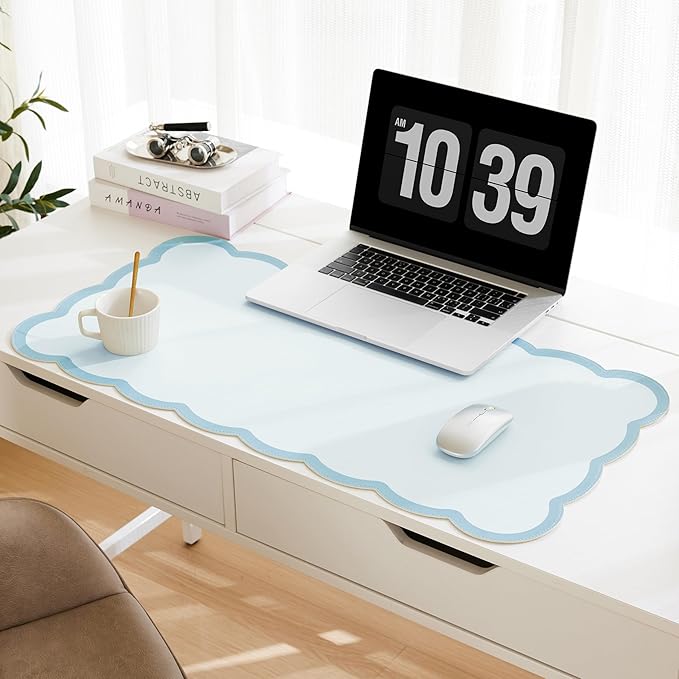Scalloped Desk Mat, 31.5" x 15.7" Large Cute Blue Aesthetic Desk Accessories, PU Leather Computer Laptop Desk Mat Mouse Keyboard Pad, Desk Writing Makeup Mat for Vanity/Work/Home Decor