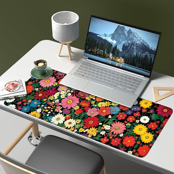 Mouse Pad, Large Anti-Slip with Stitched Edges Desk Mat Desktop Laptop Computer Desk Keyboard Mat,Table Protector Blotter Mat (Flower, 31.5" x 11.8")