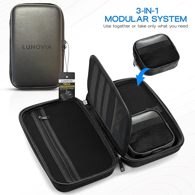 Hard Shell Tech Organizer – Protective Travel Case for Cables, Chargers & Accessories | Mid-Size Electronics Organizer with Removable Pouches