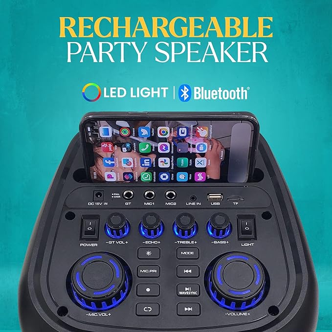 Dolphin KaraokeBox 380: Triple 8" Bluetooth Party Speaker – Powerful Sound System, Long-Lasting Rechargeable Battery, LED Lights, 35-Inch Tall, Portable Design, AUX/USB/TF/Bluetooth Connectivity