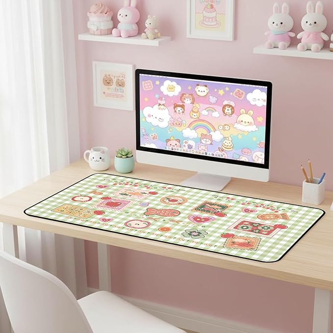 Mouse Pad Cute, Green White Checkered Desk Pad, Retro Gaming Desk Mats, Large Mousepad Laptop Keyboard Mouse Mat, Funny Food Girls Office Desktop Decor Accessories, for Women 31.5"X15.7"