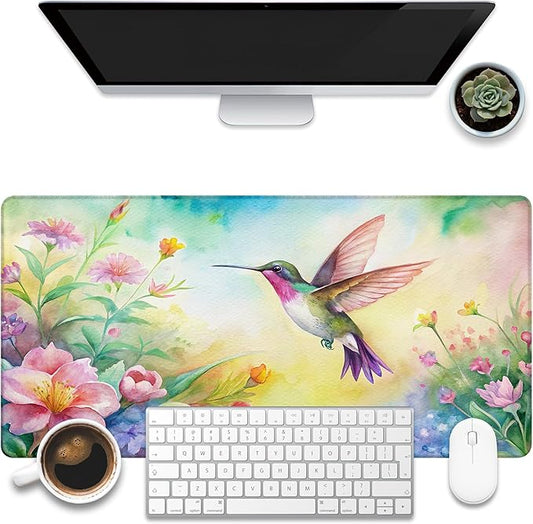 Large Gaming Mouse Pad for Desk, Watercolor Flying Hummingbird Desk Mat, Beautiful Garden Desk Pad, 31.5"x15.7" Extended Big Computer Keyboard Mouse Pad with Non-Slip Base and Stitched Edge