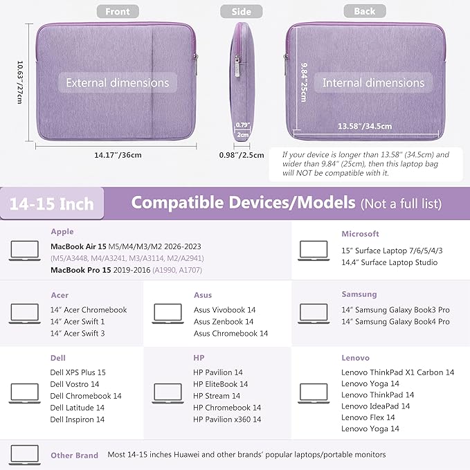 HYZUO 14-15 Inch Laptop Sleeve Bag Set for MacBook Air 15 M5 A3448 M4 M3 M2 2026-2023, MacBook Pro 15, XPS 14/15 Plus, 15" Surface Laptop, Notebook Case for 14" HP Lenovo Asus Acer, Lilac Purple