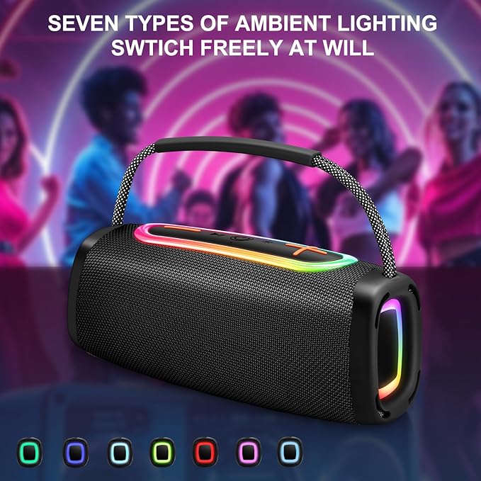 Bluetooth Speaker with Handle, BT5.4 Portable Wireless Speaker with 24W Loud Stereo Sound, IP6 Waterproof, Portable Speaker with RGB Multi-Color Rhythm Lights for Outdoor/Home/Party/Beach as Gift