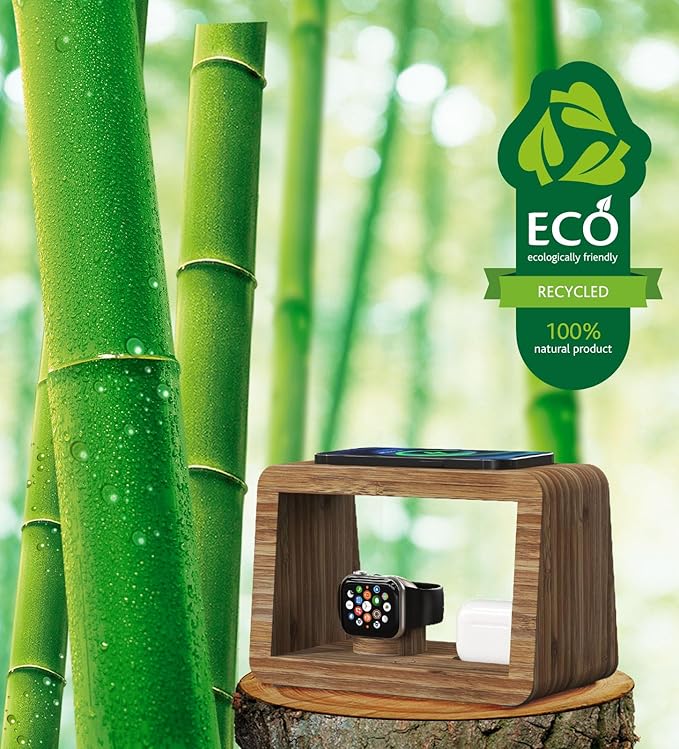 Bamboo Charging Station for Multiple Devices,15W Fast Wireless Charging Station with Nightlight, 3 Color & 4 Adjustable Brightness Compatible with Phone/Watch/AirPods