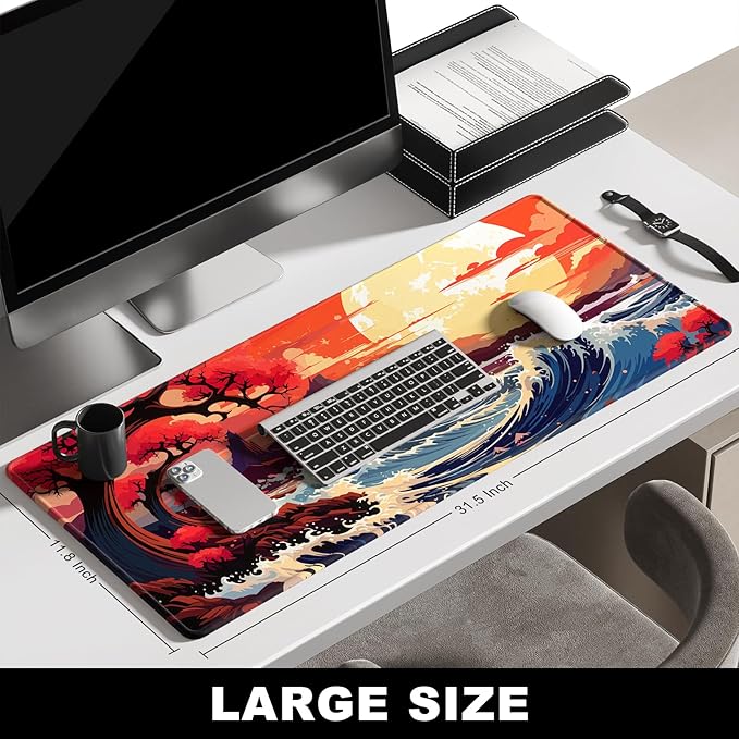 BOSOBO Large Desk Mat, Extended Gaming & Office Home Mat, Long Keyboard Mat, Desktop Full Cover 31.5 x 11.8 Inches, Anime Japan Kanagawa Wave