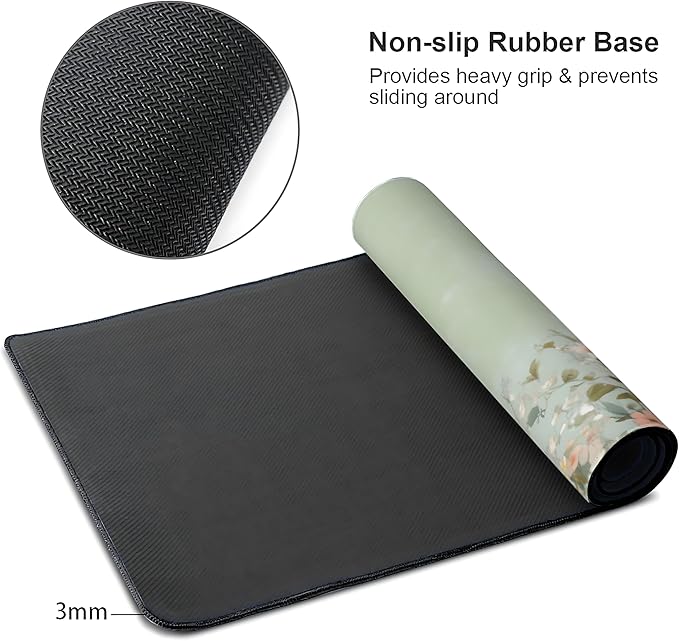 Cute Floral Aesthetic Wildflower Gaming Mouse Pad, Sage Green Macaron Desk Mat with Anti-Slip Base & Stitched Edges, Office & Home Desk Decor for Women, 35.4" x 15.7" in Computer Desktop Mat
