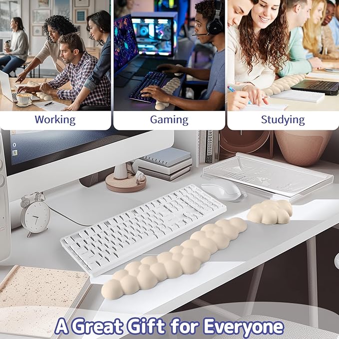 Sushret Cloud Wrist Rest for Keyboard and Mouse, Memory Foam PU Leather Keyboard Wrist Rest with Ergonomic Support, Non-Slip Base, Cute Arm Rest Pad & Palm Cushion, Office Desk Accessory, Beige