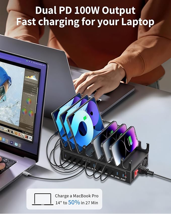 600W Charging Station for Multiple Devices, 12-Port USB C Charging Station with Dual 100W PD PPS, Multi Device Fast Charger Dock for MacBook Pro Laptop, iPhone, iPad, Tablet, Cell Phone