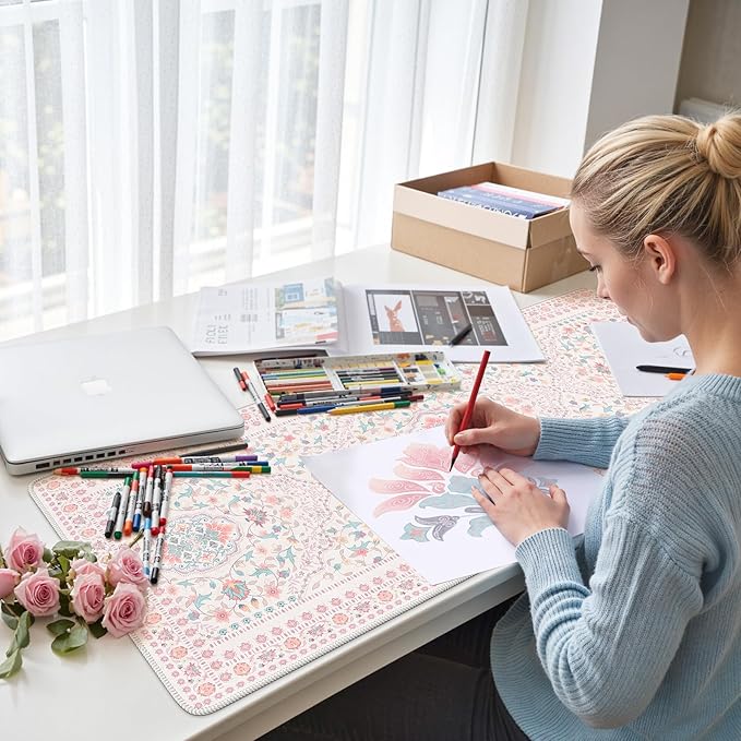 HAOCOO Pink Desk Mat, Non-Slip Office Table Mat, Aesthetic Mouse Pad with Stitched Edge, 35.4" x 15.7" Long Mouse Pad, Waterproof Dorm Desk Mat for Writing, Drawing