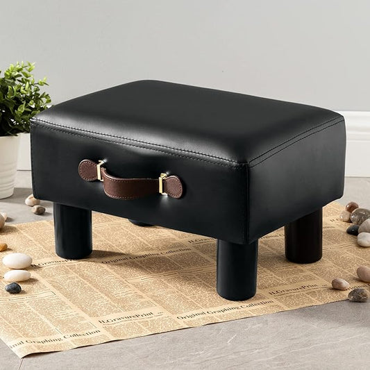 Small Foot Stool with Handle, Black PU Leather Short Foot Stool Rest, Rectangle Storage Foot Stools Ottoman with Plastic Legs, Padded Footstool Small Step Stool for Living Room, Office, Desk, Patio
