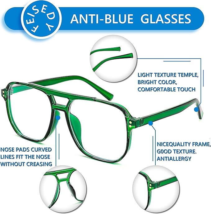 FEISEDY Blue Light Blocking Glasses Fake Nerd Clear Square Computer Lightweight Pilot Glasses Frame Oversized B2866