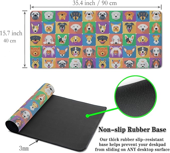 Keyboard Mats Dogs Full Mouse Mat, Desk Mouse Pad Extra Large Mouse Pads, Oversized Mousepad Non-Slip Rubber Base Waterproof with Stitched Edges, 35.4 X 15.7 inch for Work/Game/Office/Home