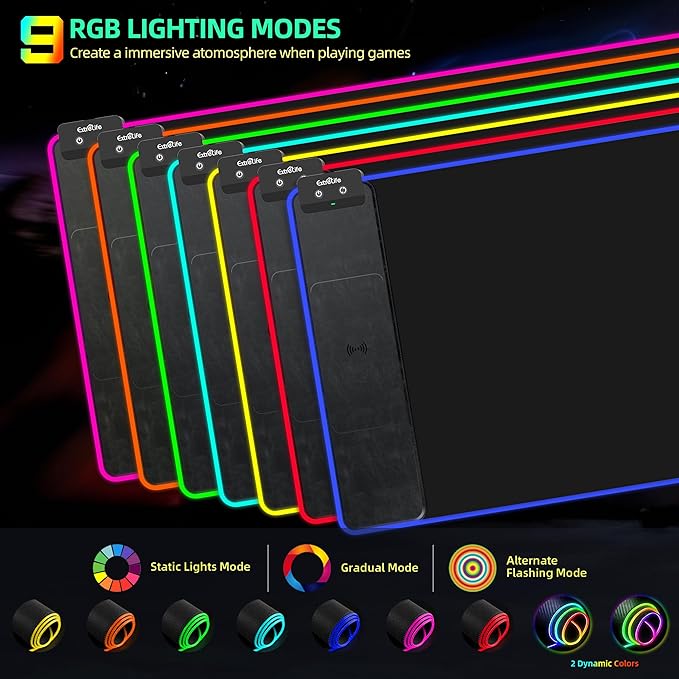 Mouse Pad with Wireless Charging, RGB Gaming Mousepad, Large Desk Mat with Ultra-Smooth Surface, Non-Slip Mouse Mat, Waterproof Computer Keyboard Pad for Gaming, Desk, Office, PC, 800x400x4MM, Black
