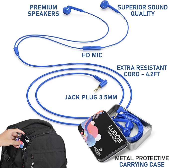 LUDOS FEROX Wired Earbuds in-Ear Headphones, 5 Year Warranty, Earphones with Microphone, Noise Isolation Corded for 3.5mm Jack Ear Buds for iPhone, Samsung, Laptop, Kids, School Students - Blue